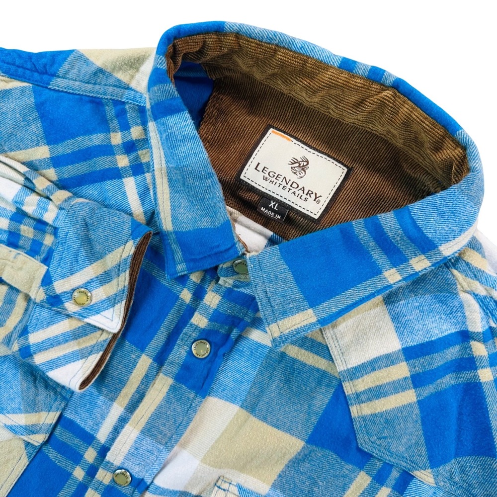 Legendary Whitetails Mens XL Blue Plaid Western Flannel Snap Shirt Corduroy Trim